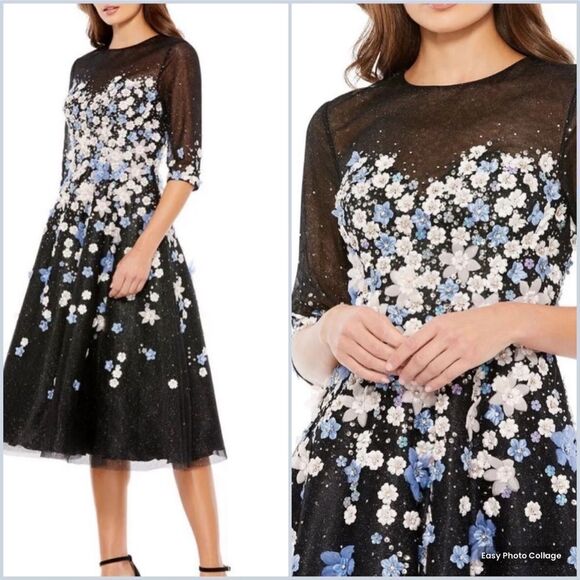 Mac Duggal Womens 11161 FLORAL EMBROIDERED A-LINE TEA-LENGTH COCKTAIL DRESS Blac - Picture 1 of 15